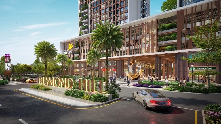 5-2-2 Tòa nhà Diamond Hill hiện đại với cây xanh và xe hơi, lối vào sang trọng, sáng tạo trong trung tâm đô thị.