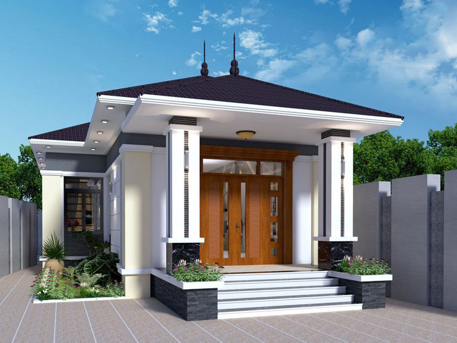 Ngôi nhà một tầng, mái thái hiện đại với cửa gỗ lớn và sân vườn nhỏ, dưới bầu trời xanh.