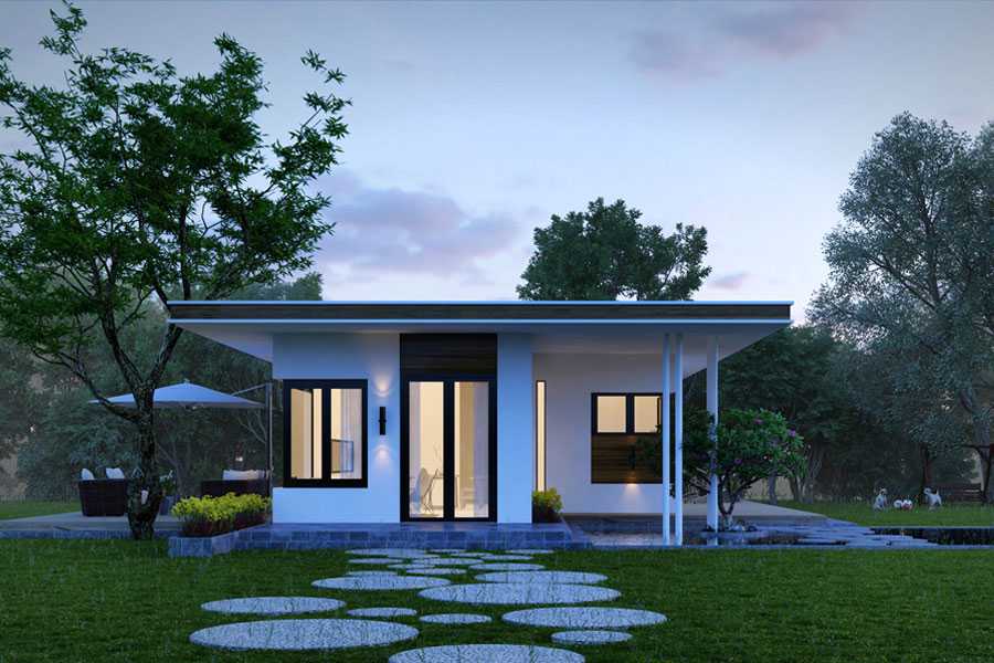 Ngôi nhà hiện đại sơn trắng trong khu vườn với lối đi lát đá, được bao bọc bởi cây xanh và ánh chiều.