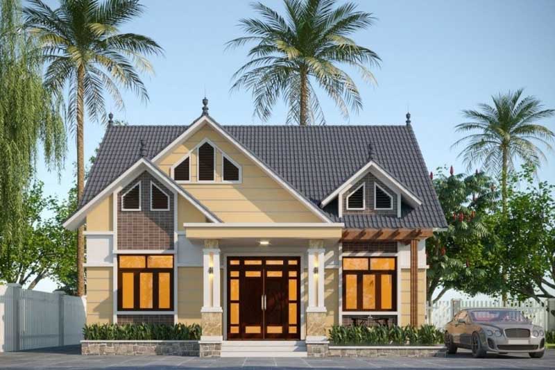 Nhà mái Thái tuyệt đẹp, sân vườn xanh tươi, phong cách hiện đại, xe hơi đỗ trước nhà.