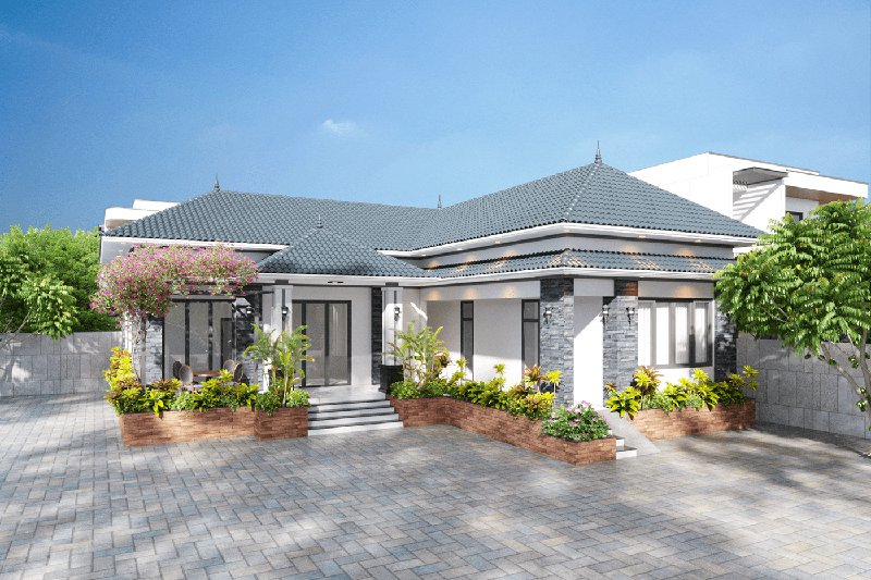 Ngôi nhà vườn một tầng hiện đại với mái ngói xanh, cây xanh hoa lá bao quanh, sân gạch rộng.