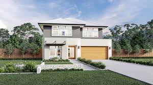 Ngôi nhà hiện đại hai tầng với sân cỏ xanh mướt và bầu trời xanh thẳm, phong cách kiến trúc hiện đại.