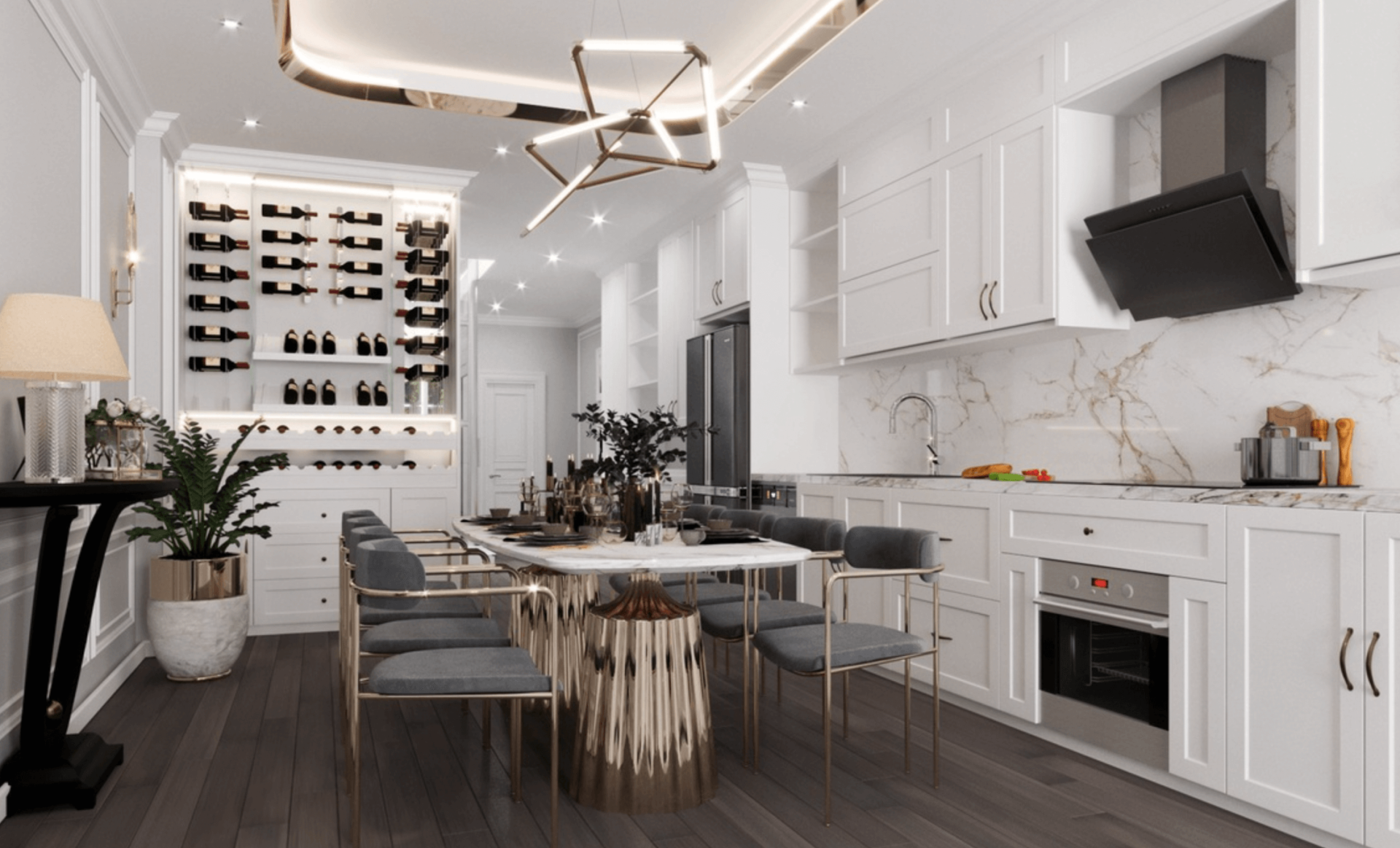 Nhà bếp sang trọng với bàn ăn hiện đại, trần sáng tạo và kệ rượu vang đầy ấn tượng.