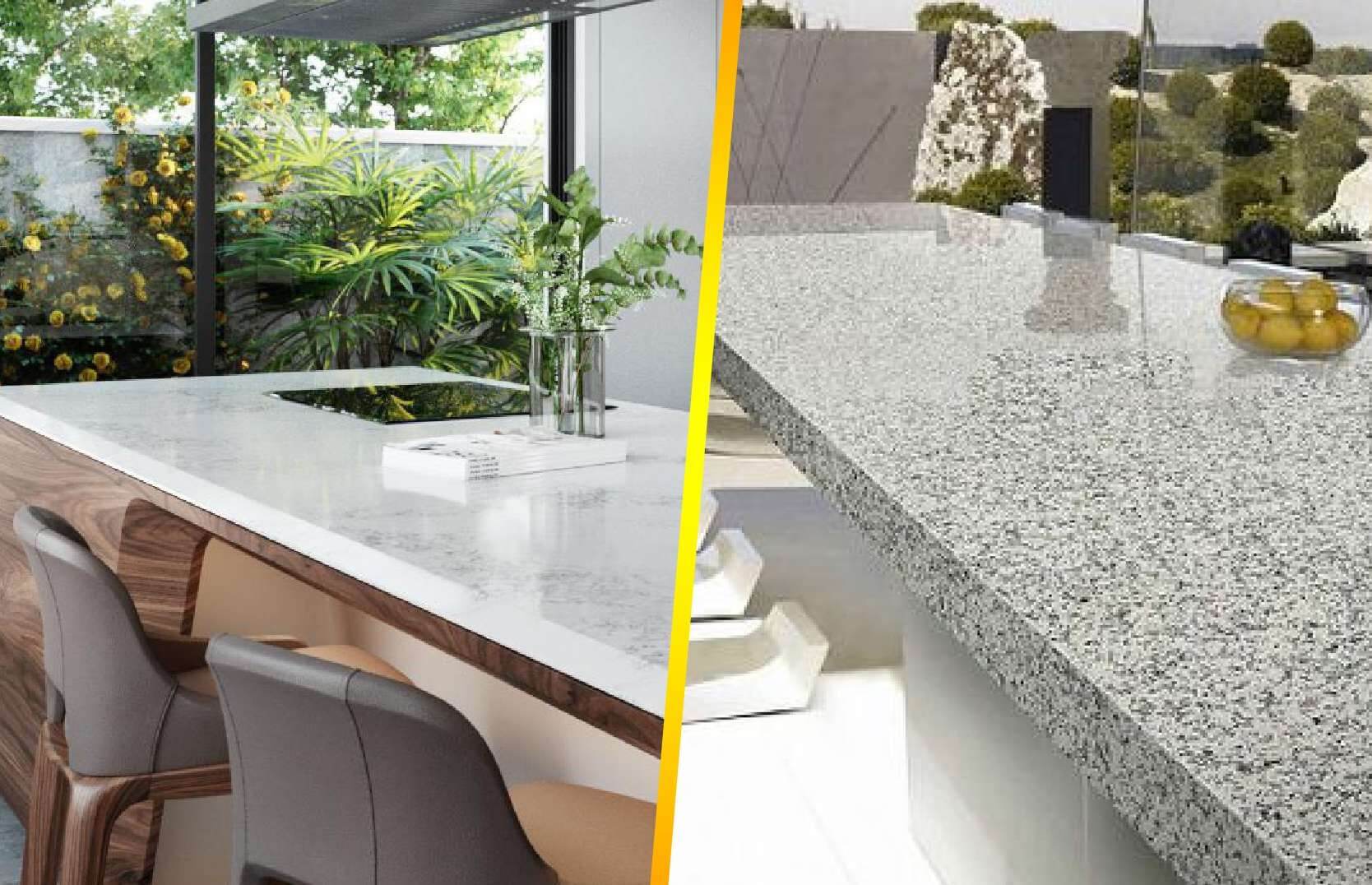 Bàn bếp đá granite và gỗ hiện đại, phù hợp với không gian nội thất sang trọng và tự nhiên.