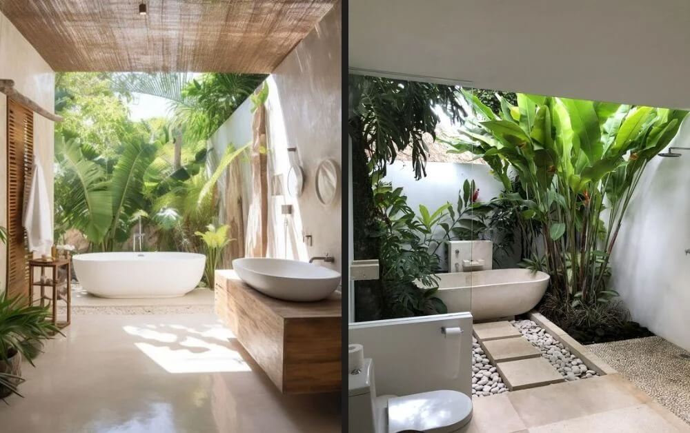 Phòng tắm ngoài trời với bồn tắm trắng, cây xanh bao quanh tạo không gian thư giãn tự nhiên.