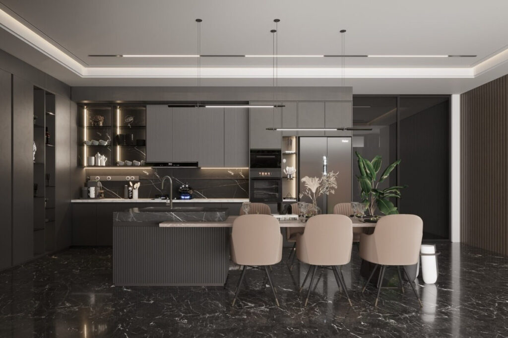 Nhà bếp hiện đại với tông màu xám, nội thất sang trọng và bàn ăn cho sáu người trên nền gạch đen.