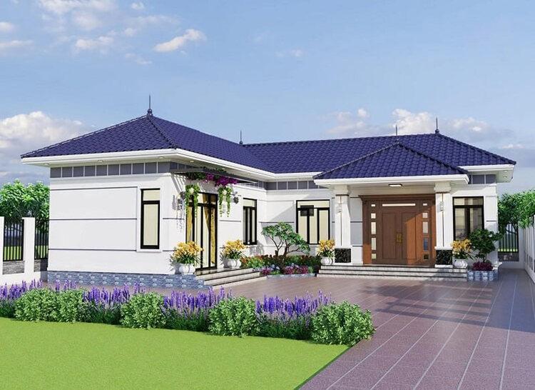 Nhà cấp 4 hiện đại với mái ngói xanh và vườn hoa nhỏ, thiết kế không gian thoáng mát.