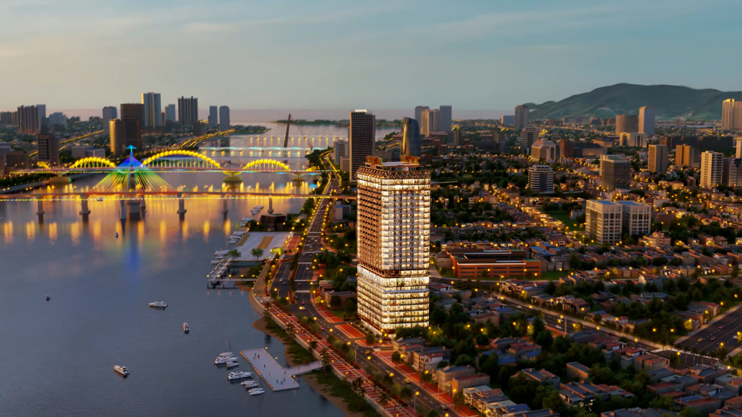 Thành phố Đà Nẵng lúc hoàng hôn, nổi bật với cầu Rồng và dòng sông Hàn lung linh ánh đèn.