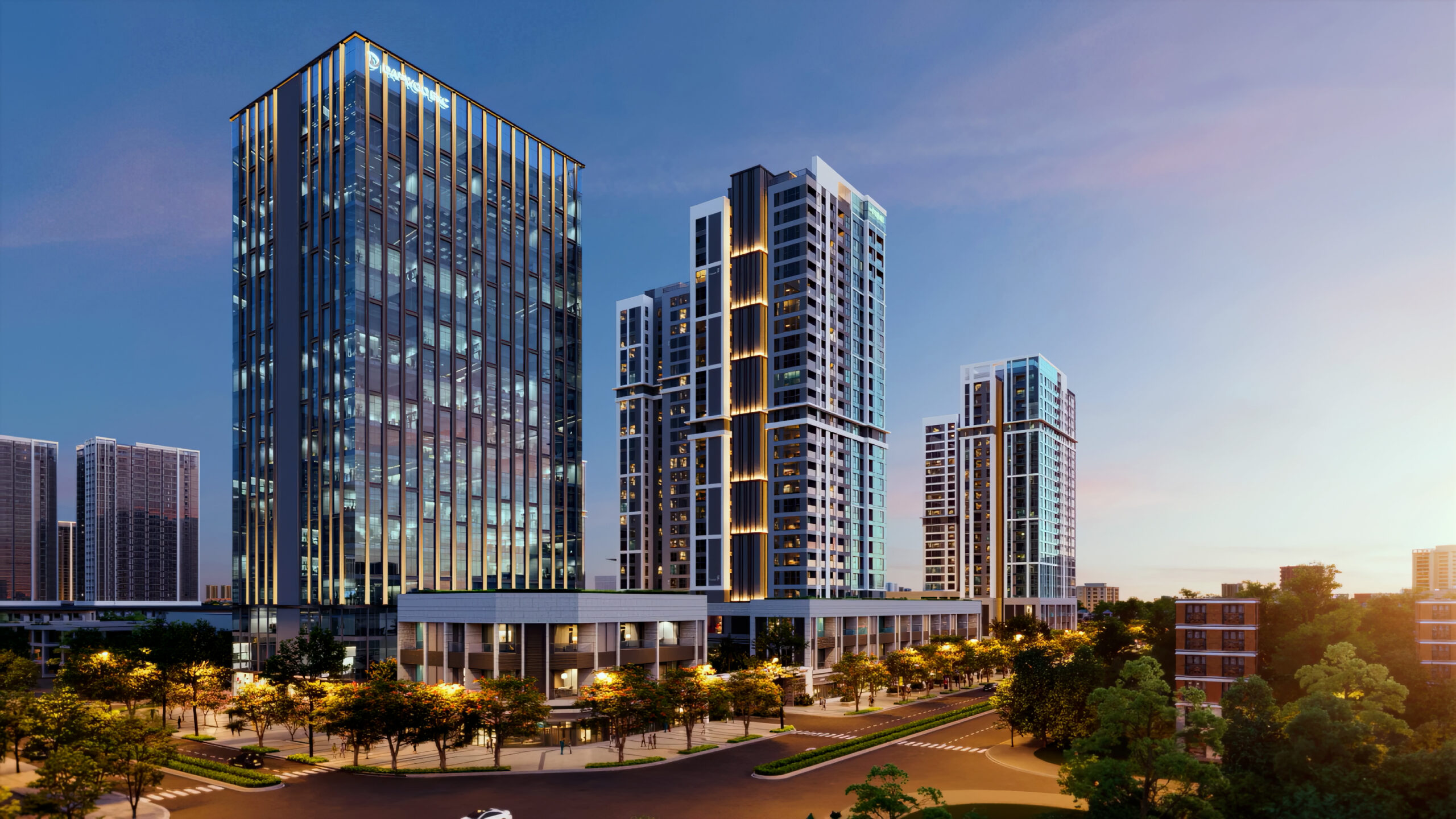 Tòa nhà cao tầng hiện đại vào lúc hoàng hôn, tạo điểm nhấn kiến trúc ấn tượng trong trung tâm thành phố.