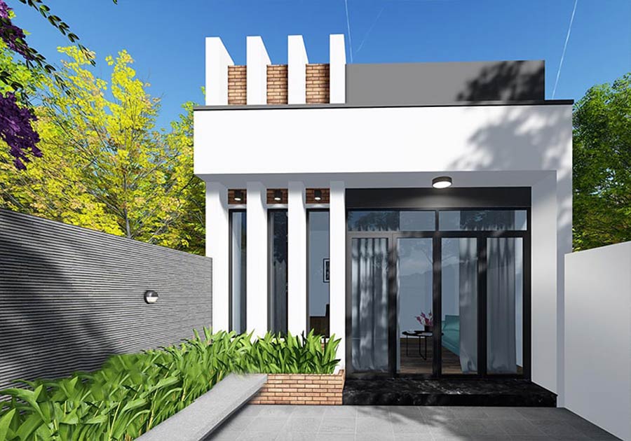 Mẫu nhà cấp 4 hiện đại, mặt tiền kính lớn, tường trắng, mái bằng với sân vườn xanh.