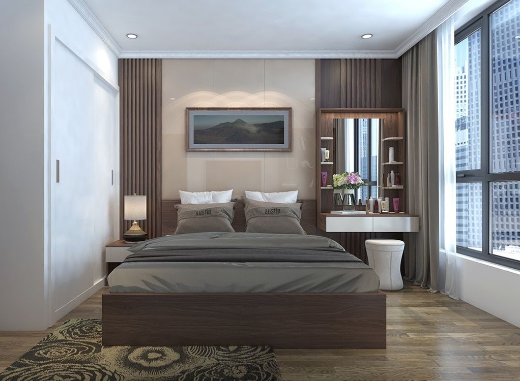 Phòng ngủ hiện đại với giường đôi, bàn trang điểm, và cửa sổ lớn nhìn ra cảnh thành phố.