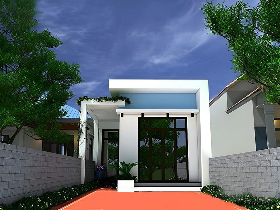 6-2-1 Nhà cấp 4 hiện đại mái bằng, mặt tiền rộng, thiết kế tối giản với cây xanh xung quanh, bầu trời xanh phía trên.