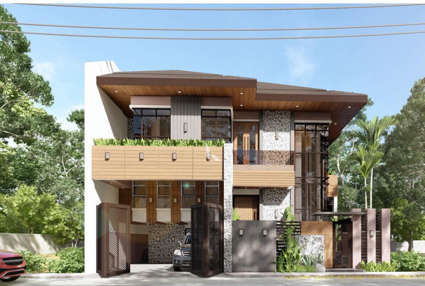 Ngôi nhà hai tầng hiện đại với mặt tiền ấn tượng, cửa kính lớn, và cây cối xanh tươi bao quanh, bầu trời rõ nét phía sau.