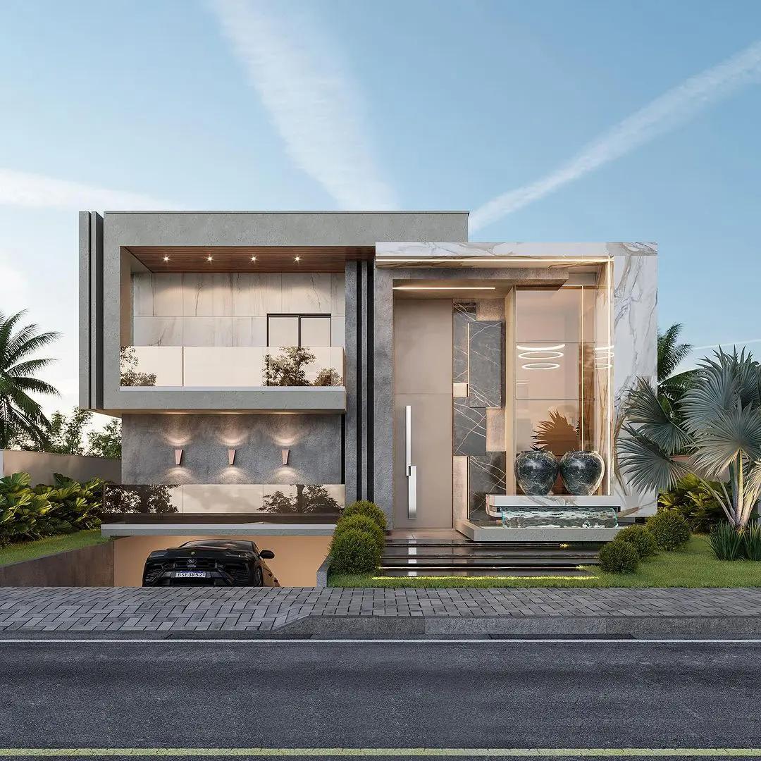 Biệt thự phong cách hiện đại, sang trọng với cửa kính lớn và không gian sân vườn xanh mát, xe hơi đỗ trước nhà.