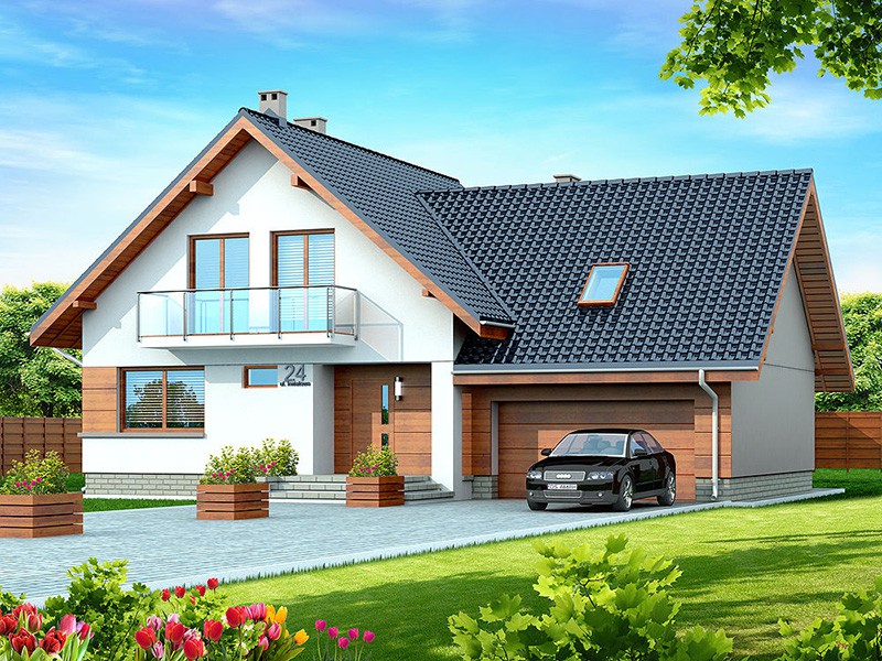 Ngôi nhà hiện đại với mái ngói xanh cùng gara ô tô, sân vườn xanh tươi bao quanh và bầu trời trong xanh.