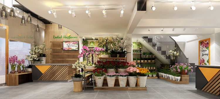 Cửa hàng hoa hiện đại trang nhã với đa dạng loại hoa và ánh sáng ấm cúng.
