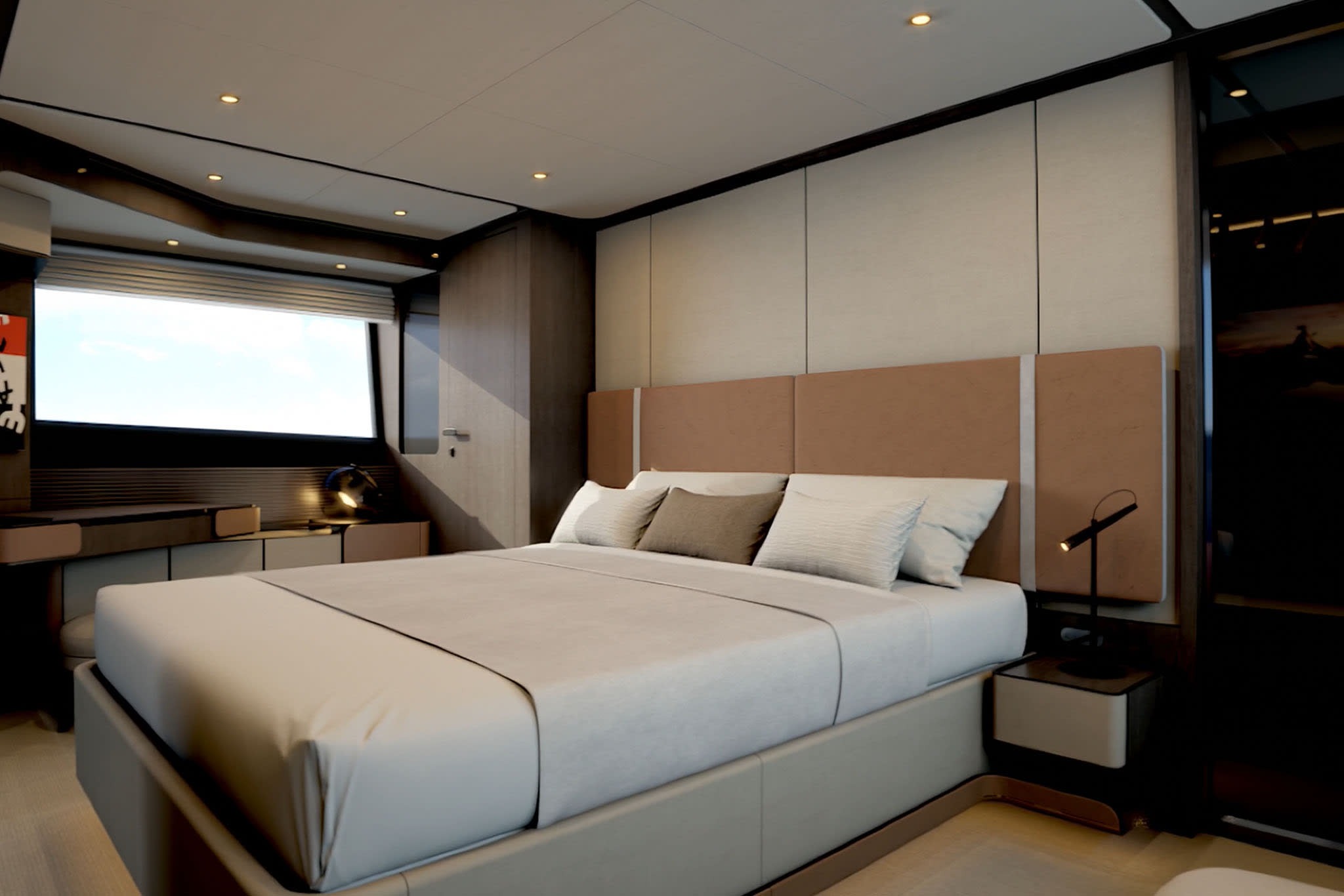 Phòng ngủ sang trọng trên du thuyền với giường lớn, ánh sáng tự nhiên từ cửa sổ lớn.