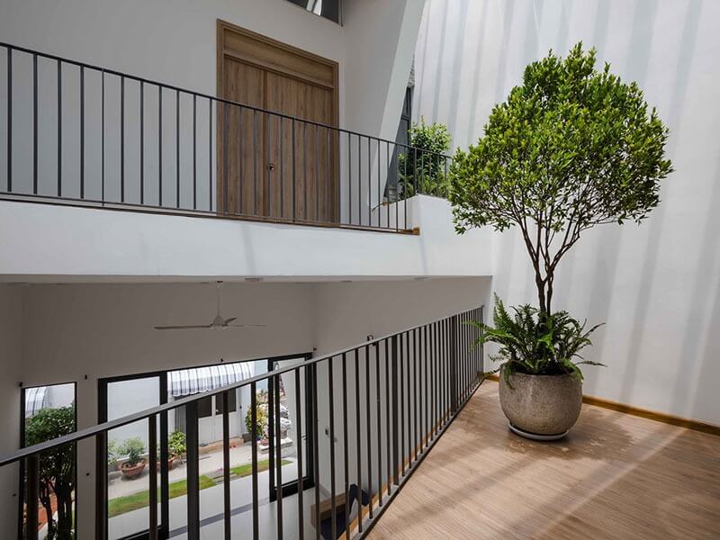 6atz90cywusn3f5ovh4q Ban công hiện đại với cây xanh trong chậu lớn, ánh sáng tự nhiên, lan can sắt và sàn gỗ.