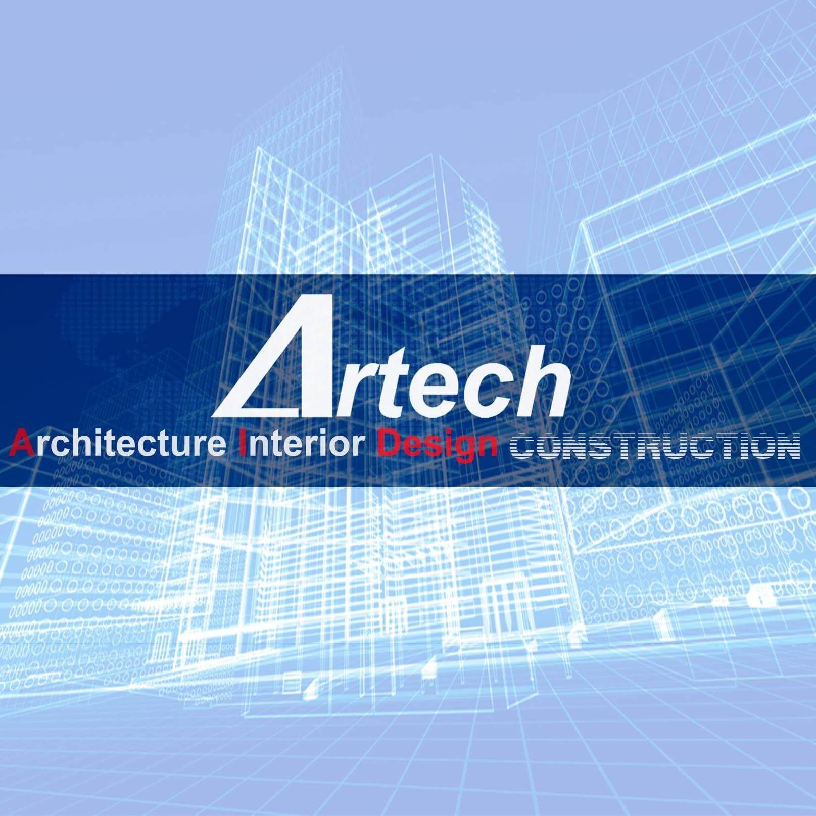 6qifk2pvlruex3nco85m Thiết kế 3D tòa nhà với logo Artech, nhấn mạnh kiến trúc, nội thất, thiết kế và xây dựng.