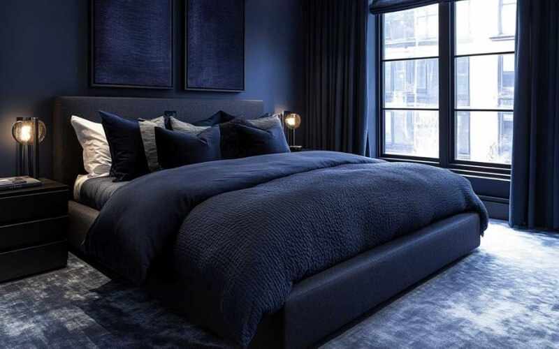 Phòng ngủ hiện đại với giường lớn, chăn ga màu xanh tối và cửa sổ lớn, tạo không gian sang trọng và ấm áp.