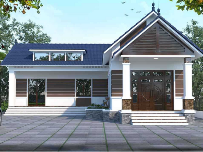 Nhà cấp 4 mái Thái sang trọng, tường trắng, gạch nâu, sân rộng, cây xanh.