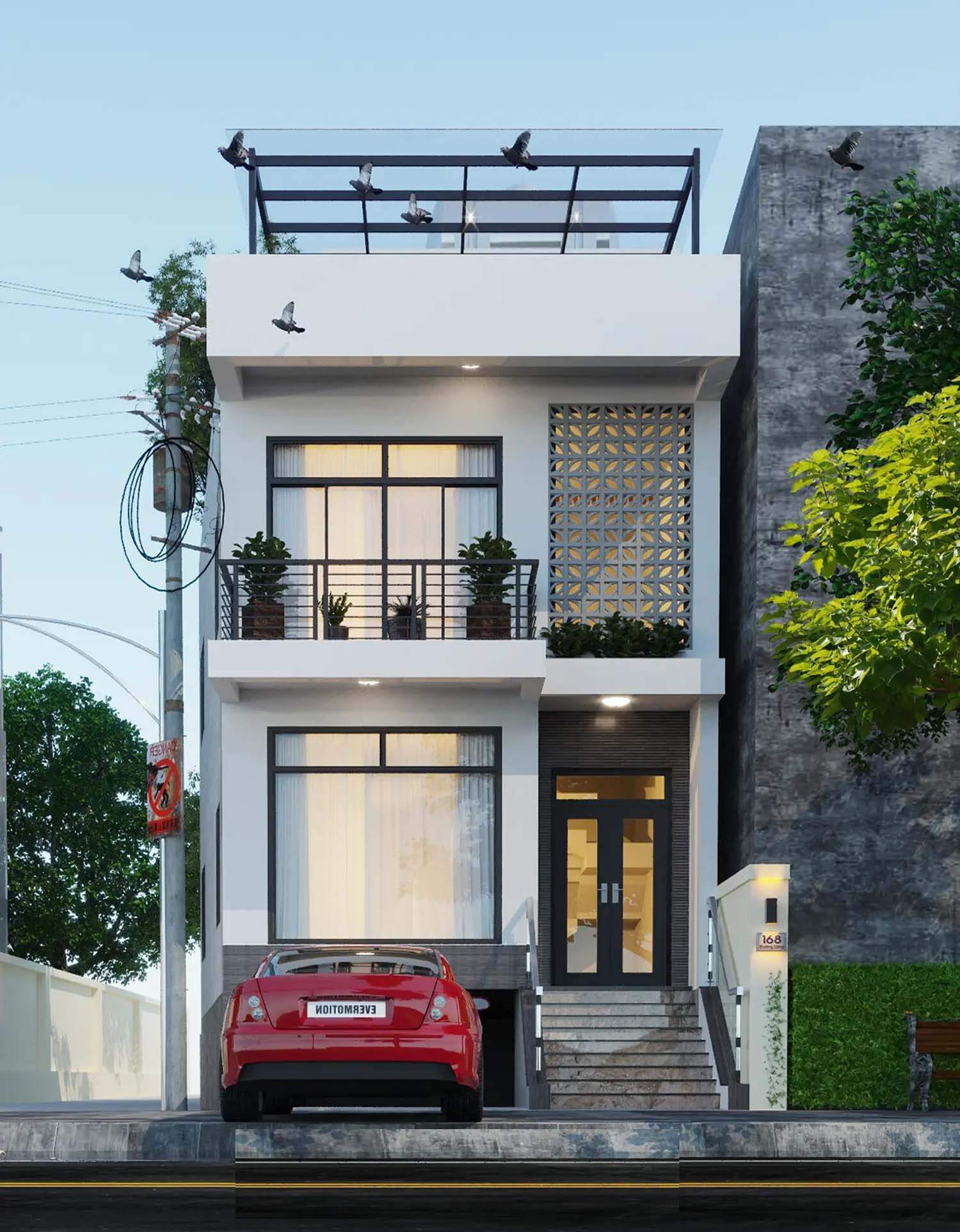 Nhà phố hiện đại hai tầng cùng chiếc ô tô đỏ đậu trên sân, chim bay lượn phía trên.