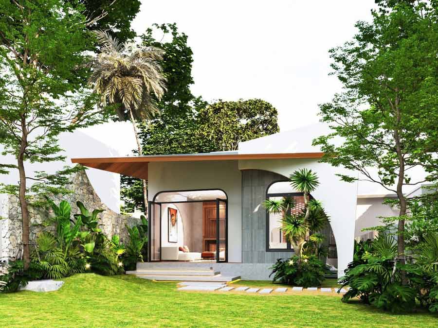 7-7-1 Ngôi nhà nhỏ hiện đại với mái gỗ và cửa kính lớn, xung quanh là cỏ cây xanh mướt.