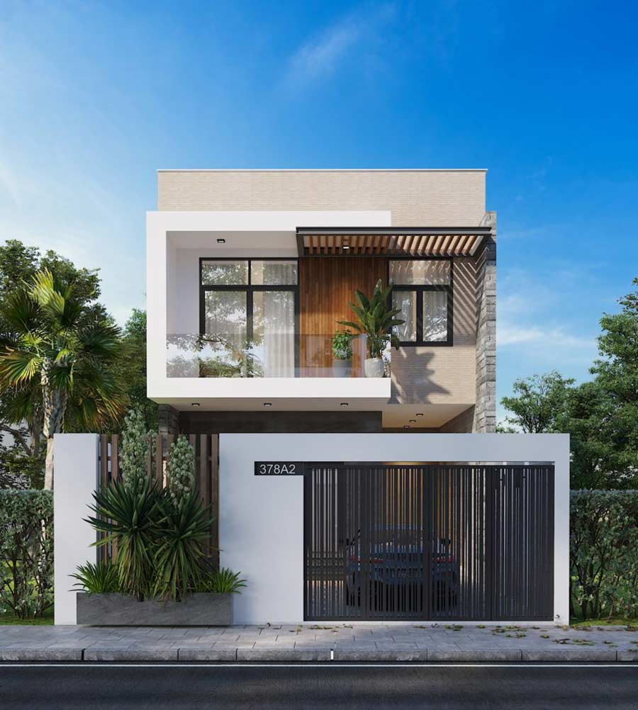 Ngôi nhà hiện đại 2 tầng với mặt tiền thoáng, cây xanh và cổng sắt, bầu trời xanh.