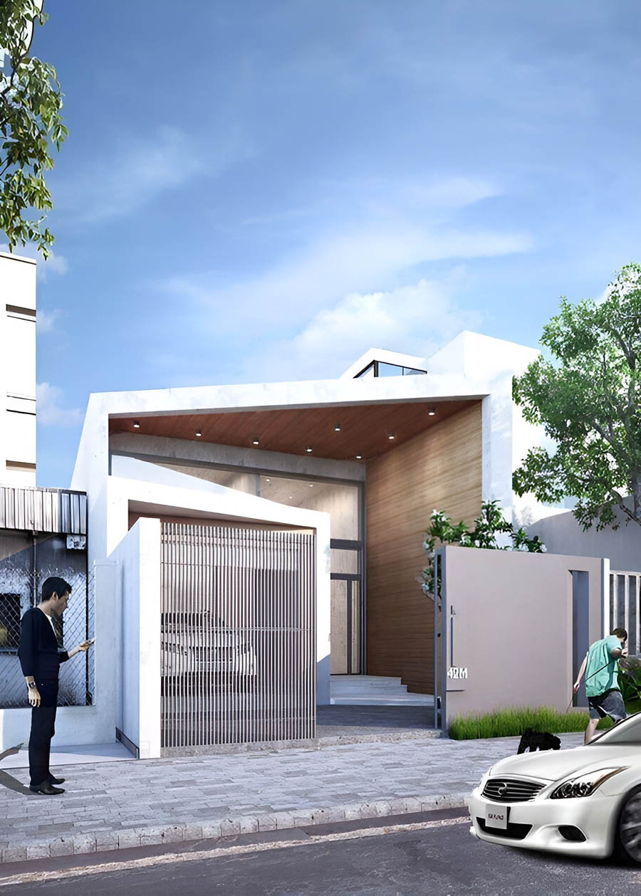 Nhà hiện đại với mái góc cạnh, cửa lưới gỗ, xe ô tô trắng đỗ trước, hai người đi bộ gần lối vào xanh mát.