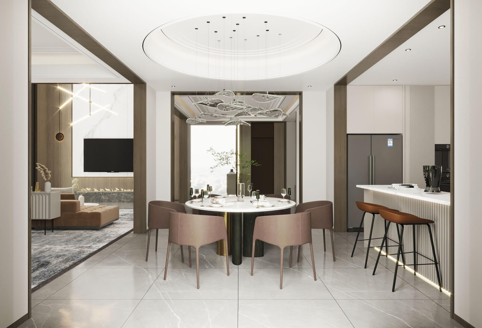 Phòng ăn hiện đại với bàn tròn, ghế nâu, trần đèn trang trí và bếp mở rộng trong không gian thoáng đãng.