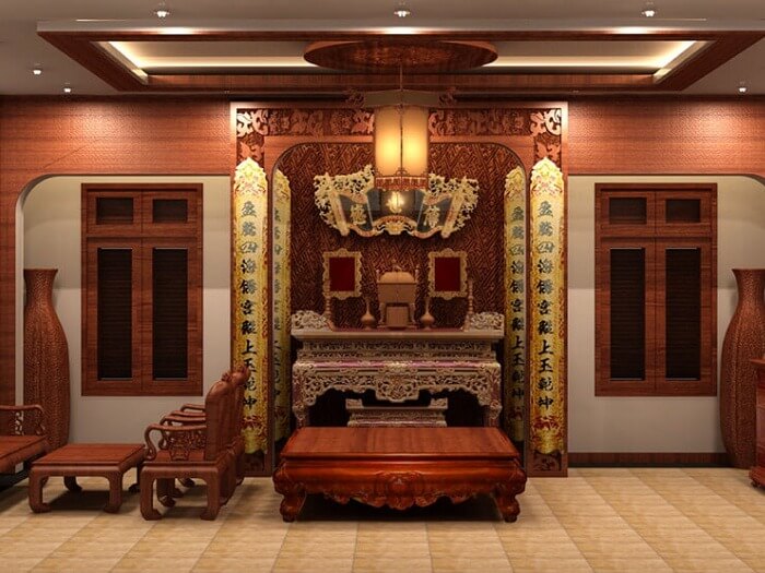 Phòng thờ gia đình truyền thống với bàn thờ và nội thất gỗ sang trọng.