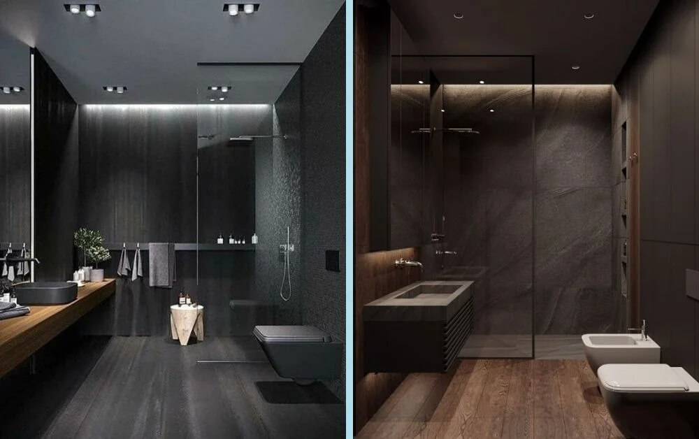 Phòng tắm hiện đại với thiết kế tối giản, nội thất tối màu, vòi sen và bồn rửa sang trọng.