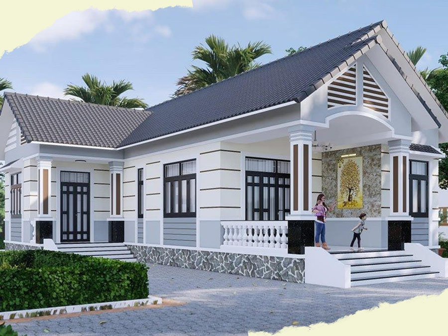 Nhà vườn hiện đại với mái ngói đen, cây xanh xung quanh và hai người đứng trên bậc thềm.