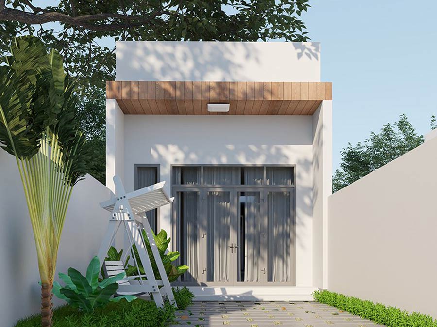 Căn nhà nhỏ màu trắng đi kèm khu vườn xanh mướt và ghế xích đu dưới ánh nắng ban mai.