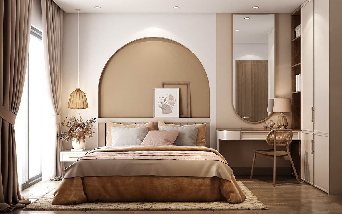 Phòng ngủ hiện đại với giường lớn, đèn trang trí và rèm cửa màu nâu thanh lịch.