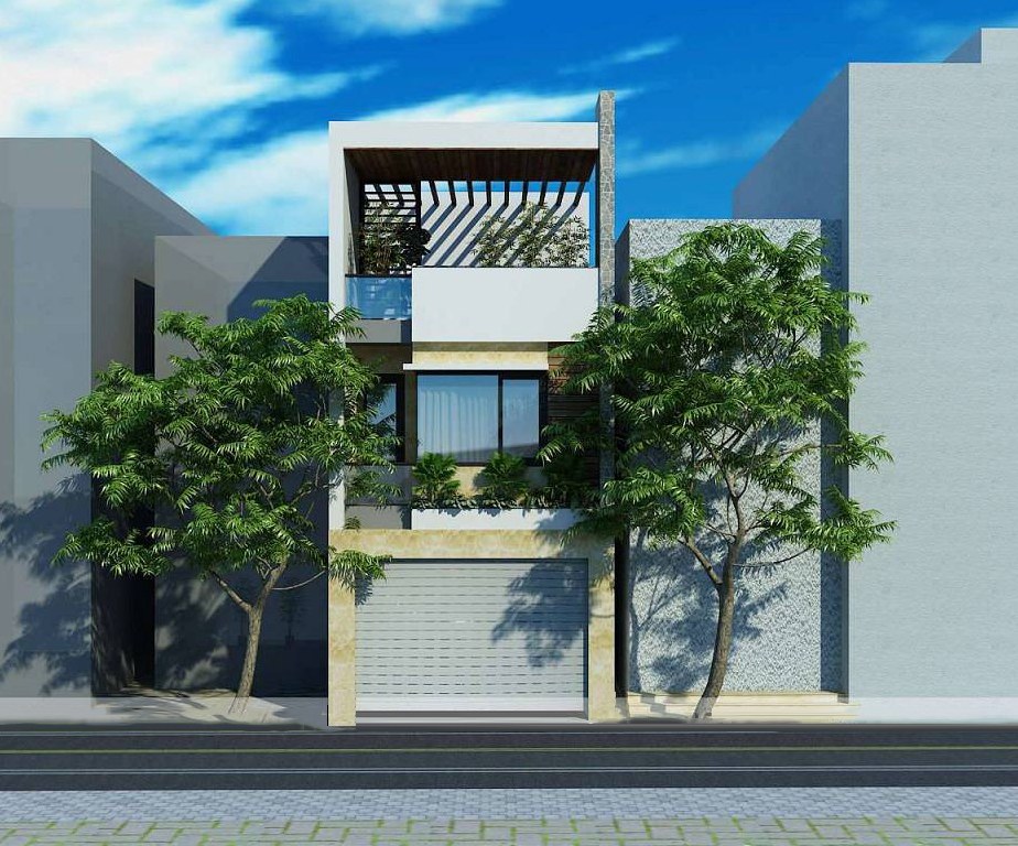 Nhà phố hiện đại, ba tầng với hệ cửa kính rộng mở, cây xanh mát mẻ và ban công thoáng đãng. Bầu trời xanh, điểm xuyết không gian thành thị.