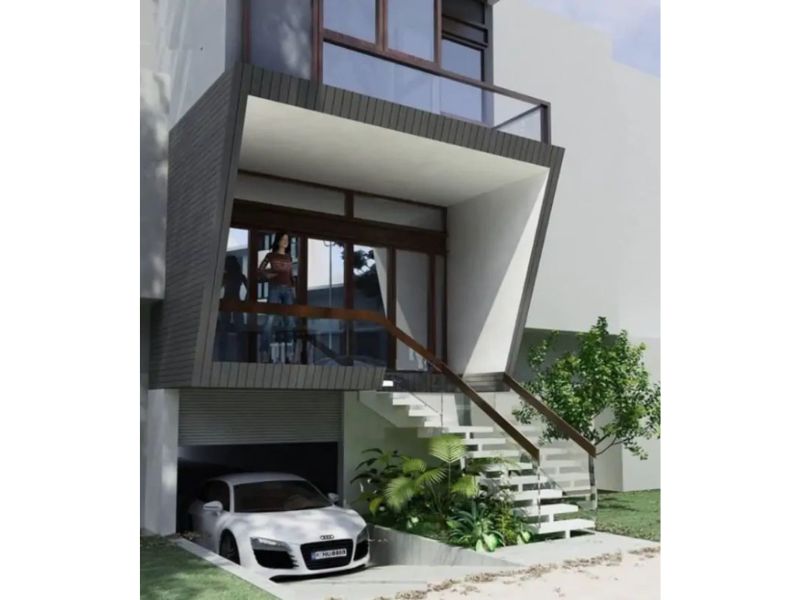 Mặt tiền hiện đại của căn nhà với kính và cây xanh; gara chứa xe sang trọng bên dưới.