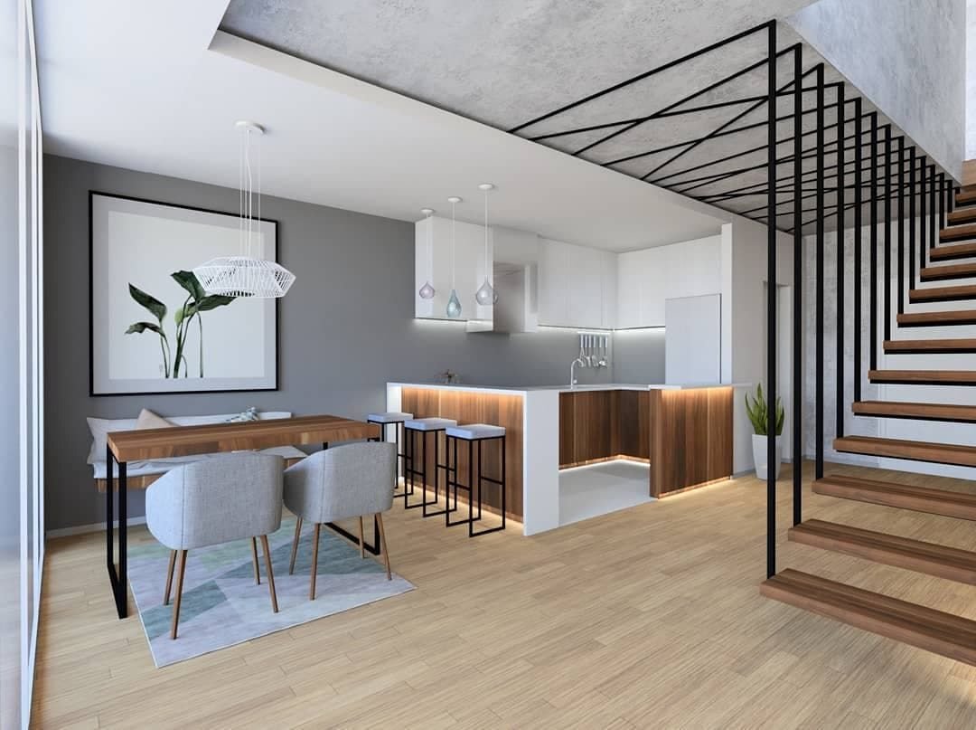 Phòng bếp hiện đại với bàn ăn gỗ, ghế xám và cầu thang nổi, nội thất tối giản.