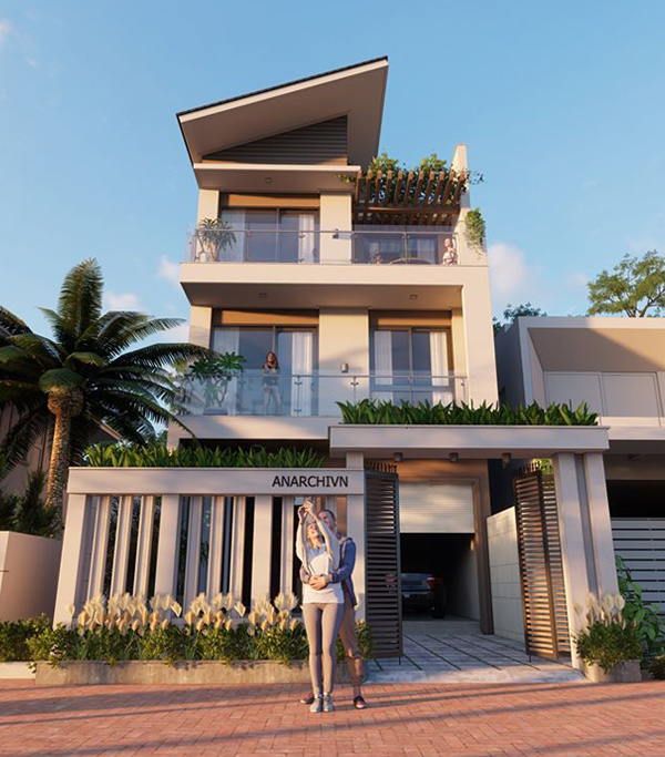 Ngôi nhà hiện đại ba tầng với cây xanh, cửa kính lớn, mái độc đáo và bầu trời trong xanh, cặp đôi đứng trước cổng.