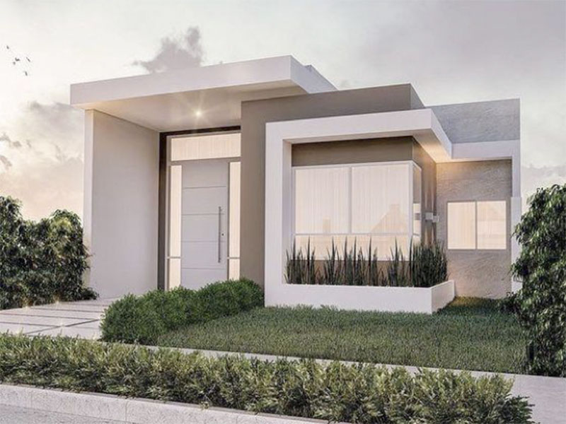 8-thiet-ke-nha-vuong-10x10-1-tang-moi-la Ngôi nhà hiện đại với thiết kế tối giản, sân vườn và bầu trời hoàng hôn.