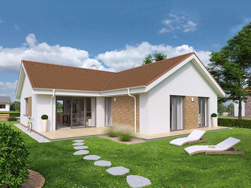 Ngôi nhà hiện đại với mái ngói đỏ, sân vườn xanh tươi và ghế nằm thư giãn ngoài trời.