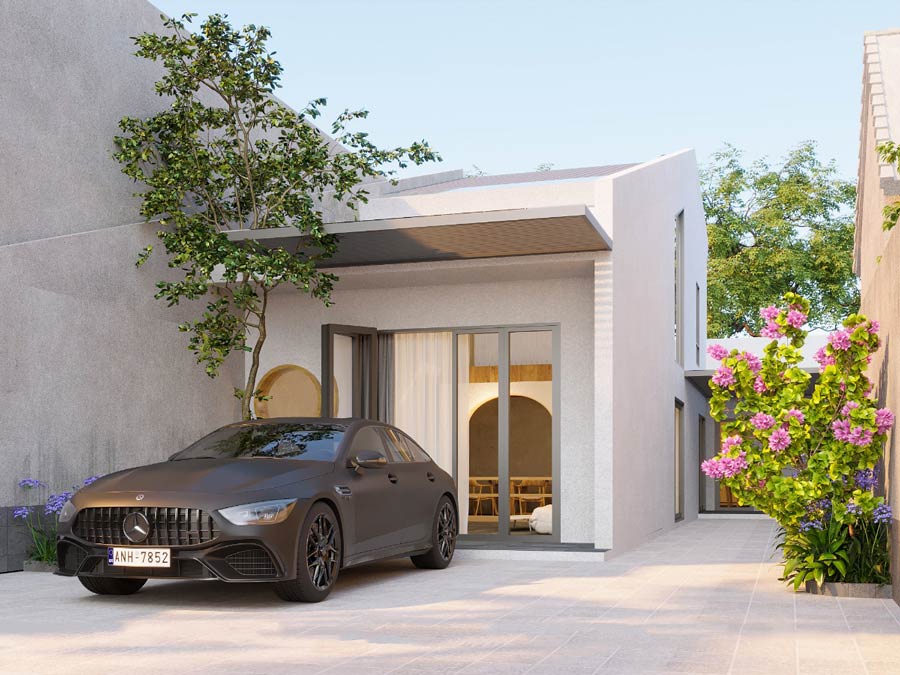 Chiếc ô tô đậu trước ngôi nhà hiện đại với khu vườn và hoa đang tỏa sắc.
