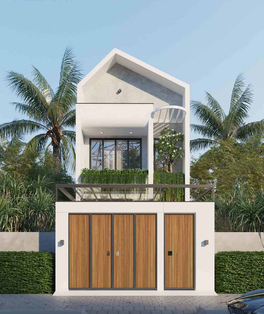 Nhà hiện đại hai tầng, mặt tiền gỗ và ban công xanh, cây cọ xung quanh, trời xanh.