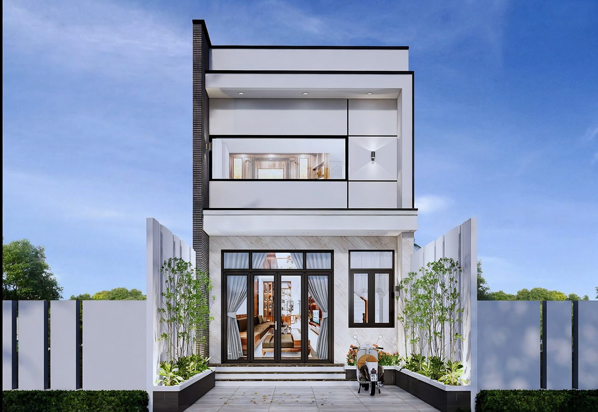 Nhà hiện đại hai tầng, mặt tiền rực rỡ với cây xanh bao quanh và bầu trời xanh thắm.