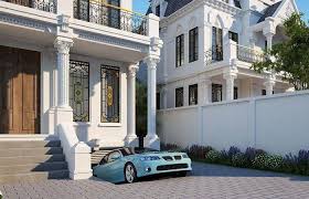 Biệt thự đẳng cấp cùng chiếc ô tô xanh dương trước cửa, khung cảnh sáng sủa và kiến trúc tinh tế.