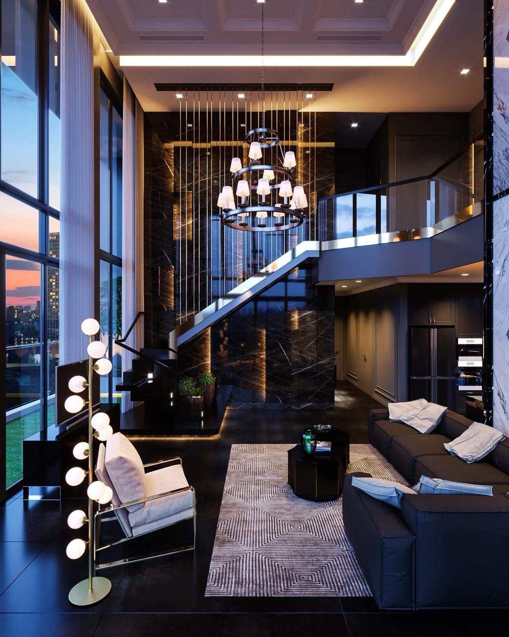 Phòng khách hiện đại với nội thất sang trọng và đèn chùm độc đáo, tạo không gian sống tiện nghi và ấm áp.