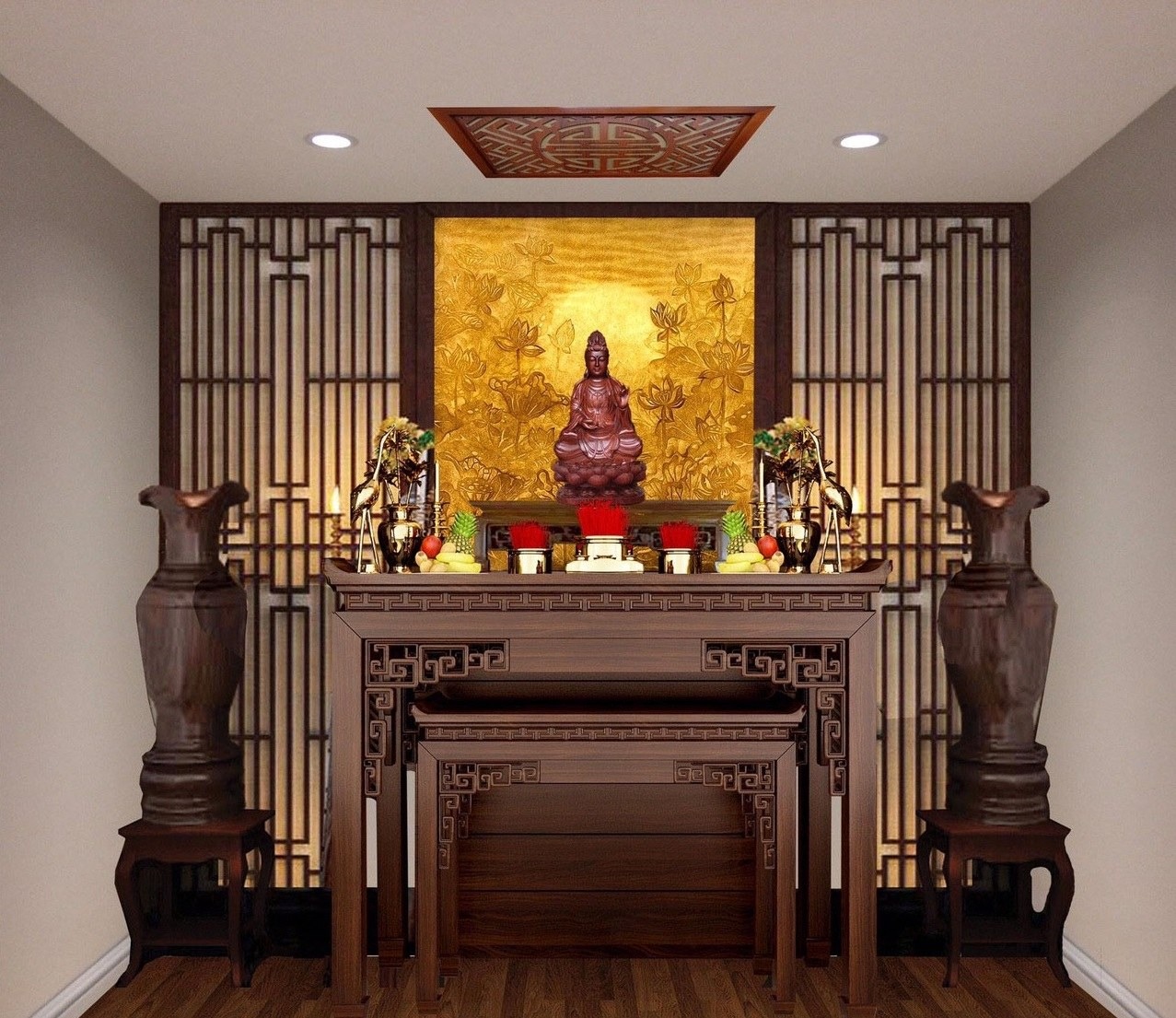 9-dieu-cam-ky-trong-khong-gian-tho Bàn thờ Phật trong không gian trang nghiêm với tượng Phật, bình hoa và đồ cúng trên bàn gỗ sang trọng.