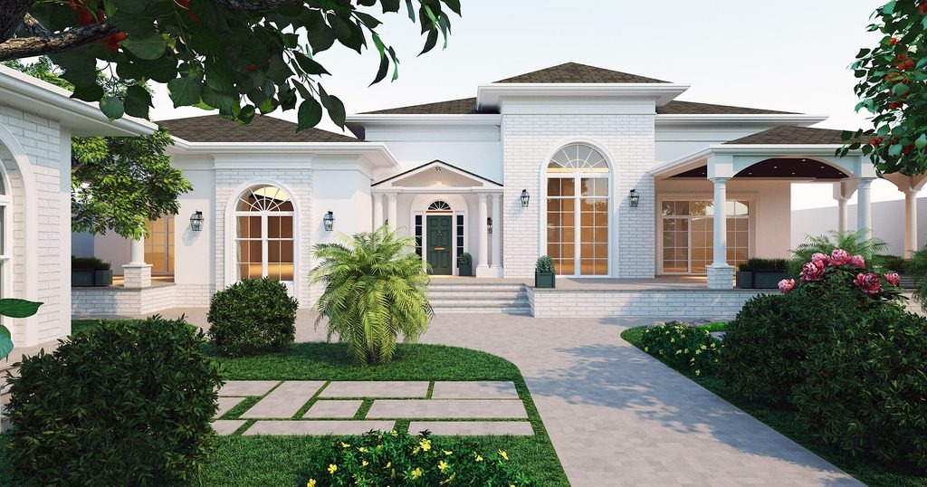 Ngôi nhà phong cách hiện đại với vườn cây xanh tươi mát, có bãi cỏ và lối đi lát gạch đẹp.