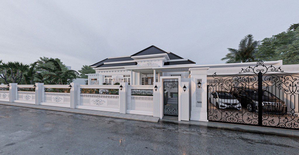 Biệt thự sang trọng với cổng sắt đen và tường trắng được trang trí tinh xảo, nhìn từ bên ngoài.