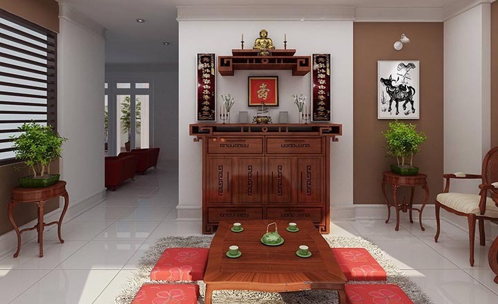 Phòng khách hiện đại với bàn trà gỗ và bàn thờ trang trí, cây xanh tạo không gian ấm cúng.